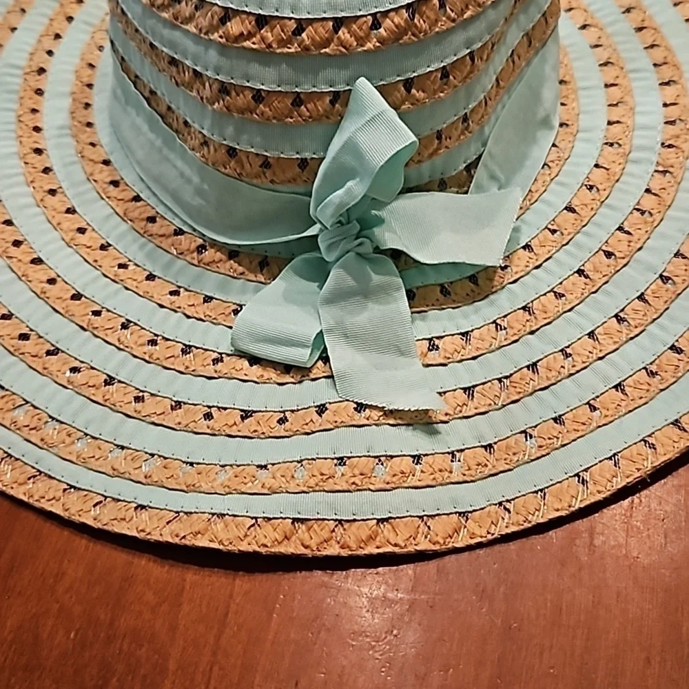 CHATTIES Mint Ribbon Striped Straw Floppy Wide Brim Hat